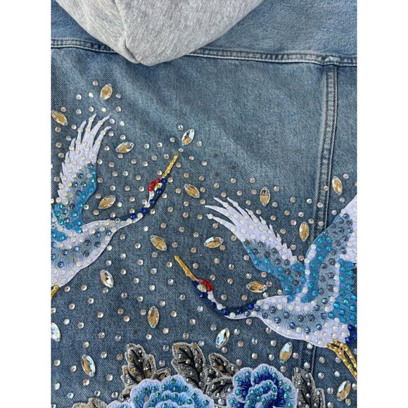 Denim Hooded Jacket With Embellished Cranes & Roses Design Gray Sleeves Button F - Picture 4 of 6